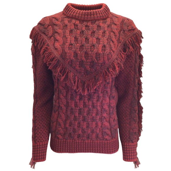 Alanui Sweaters - ALANUI RED / BURGUNDY FRINGED DETAIL LONG SLEEVED CASHMERE KNIT PULLOVER SWEATER